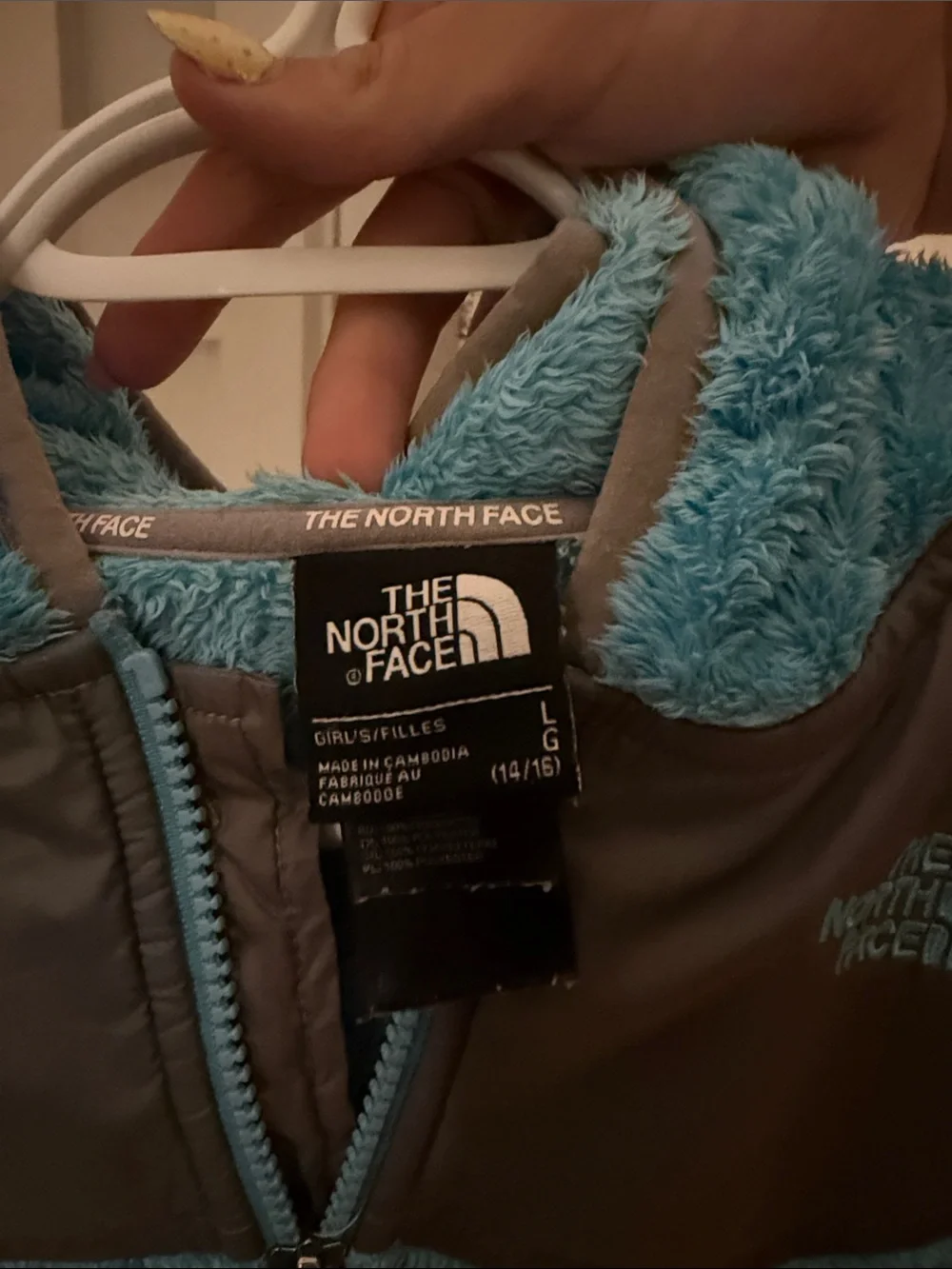 The North Face Women's Aqua Blue Plush Fleece Jacket with Gray Yoke